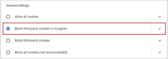 "Block third-party cookies in Incognito" option enabled for Google Chrome.